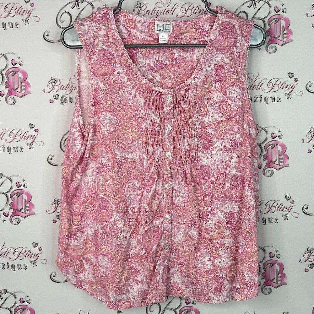 Miss Elaine ME tank top buttons smocked detail boho Pink Paisley Blouse